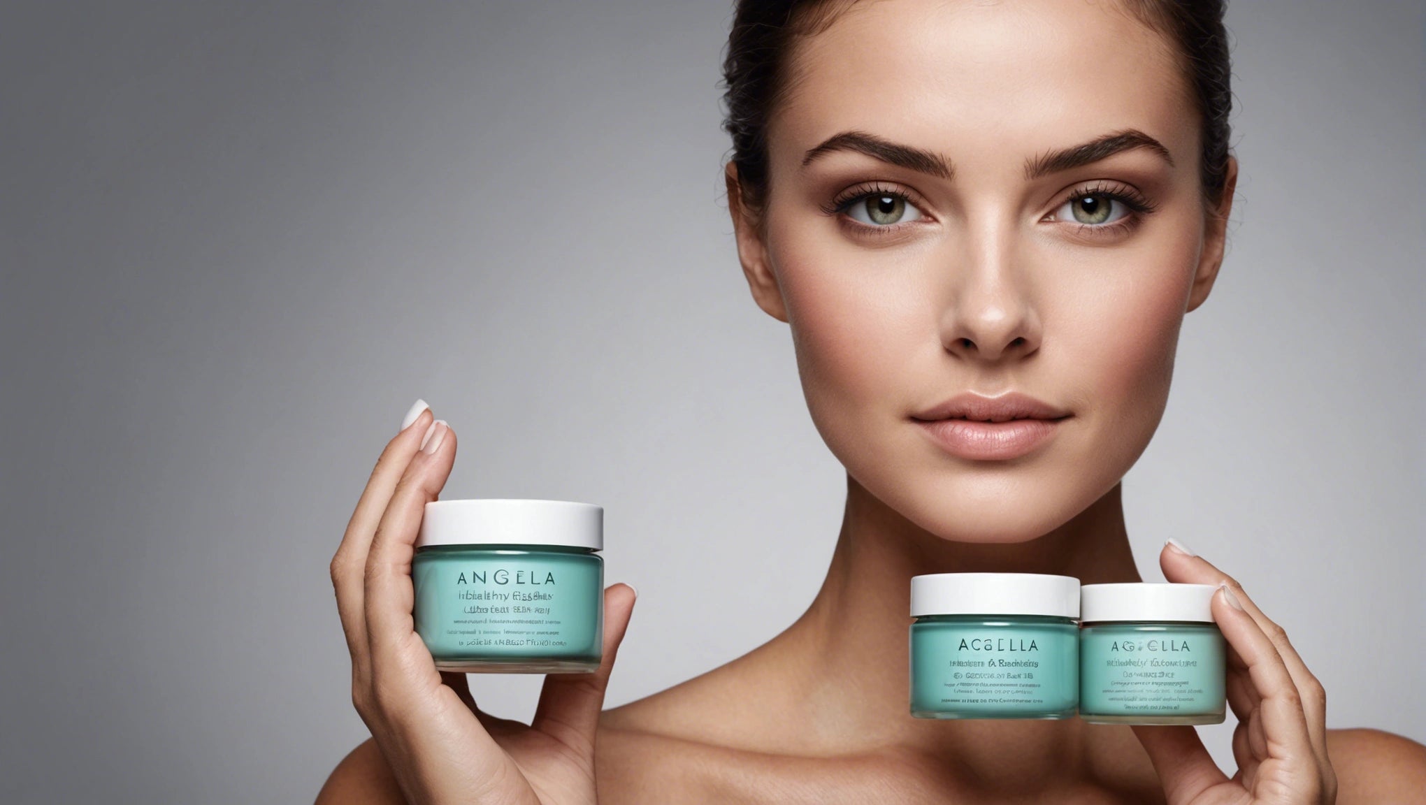 Close-up of a woman's face holding three aqua skincare jars labeled 'ANGELA' and 'ACELLA'.