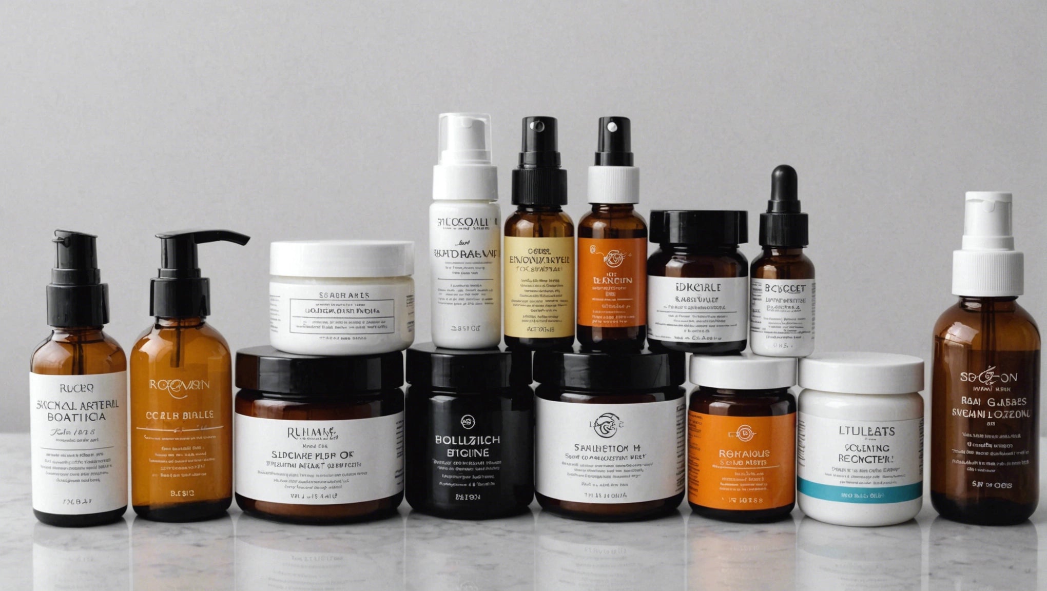 Assorted amber and white skincare bottles and jars arranged on a marble surface in two rows.