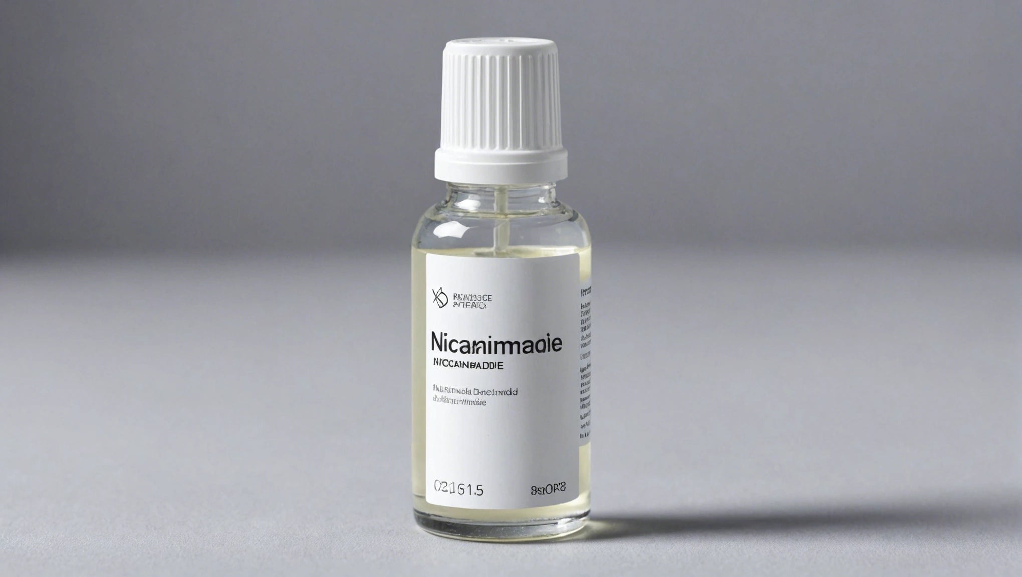 Small clear dropper bottle on gray background, label reads 'Nicamiimaaie', 'NICCAINBADDIE', '02 16 1.5', '8s0P8'.