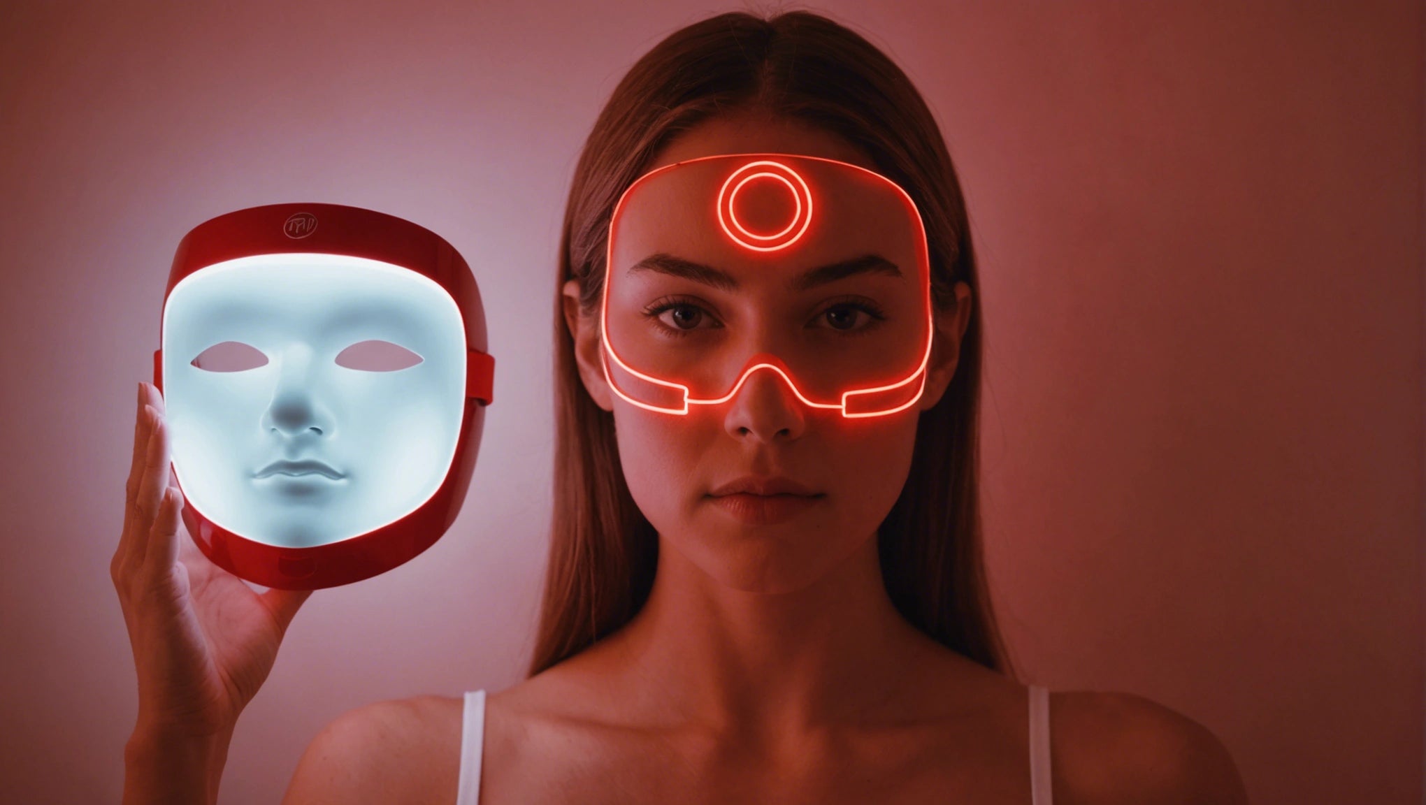 Woman holding illuminated white LED face mask; red neon facial-light outline on her face against red background.