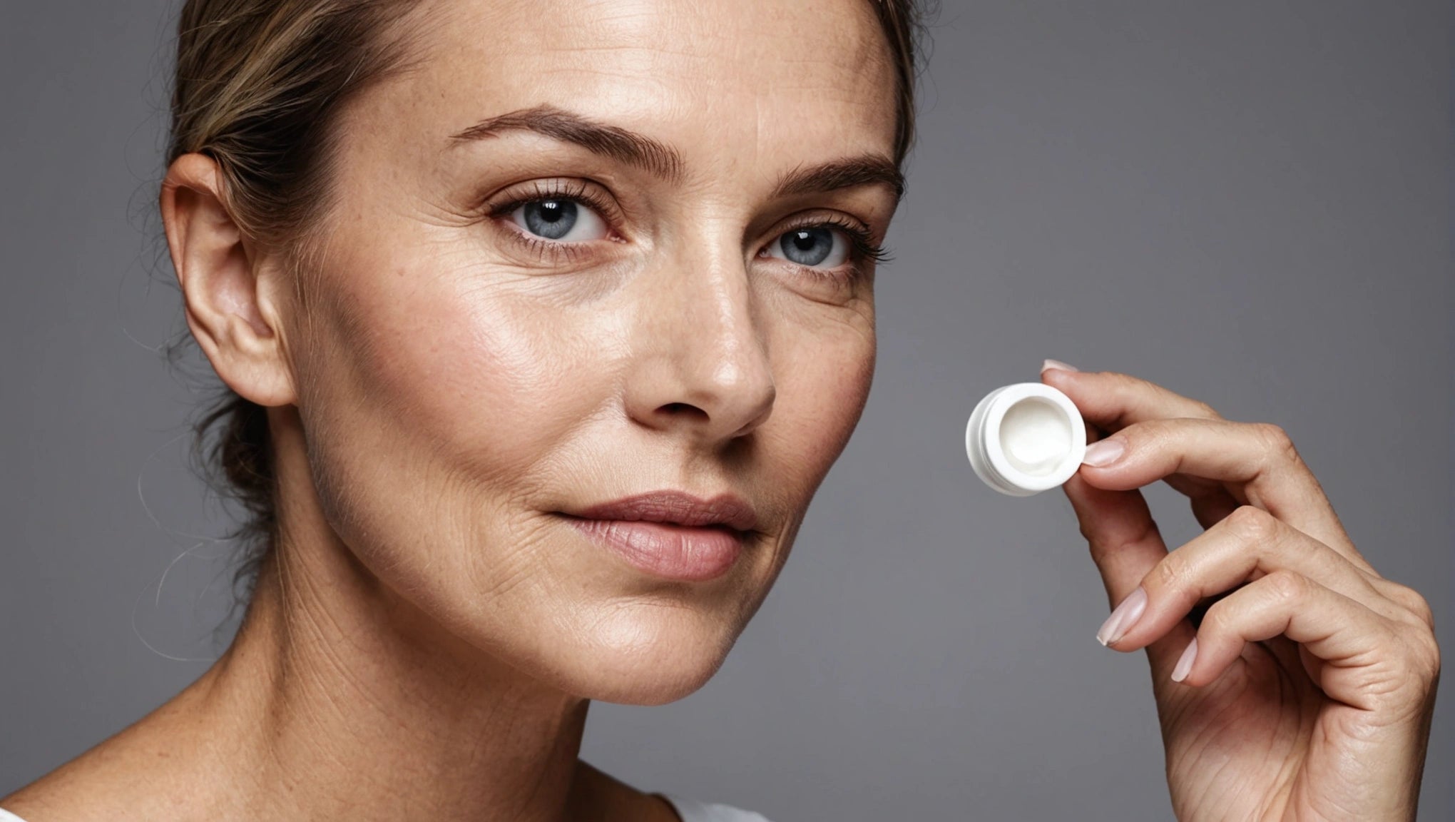 Close-up portrait of a mature woman holding an open jar of cream near her face