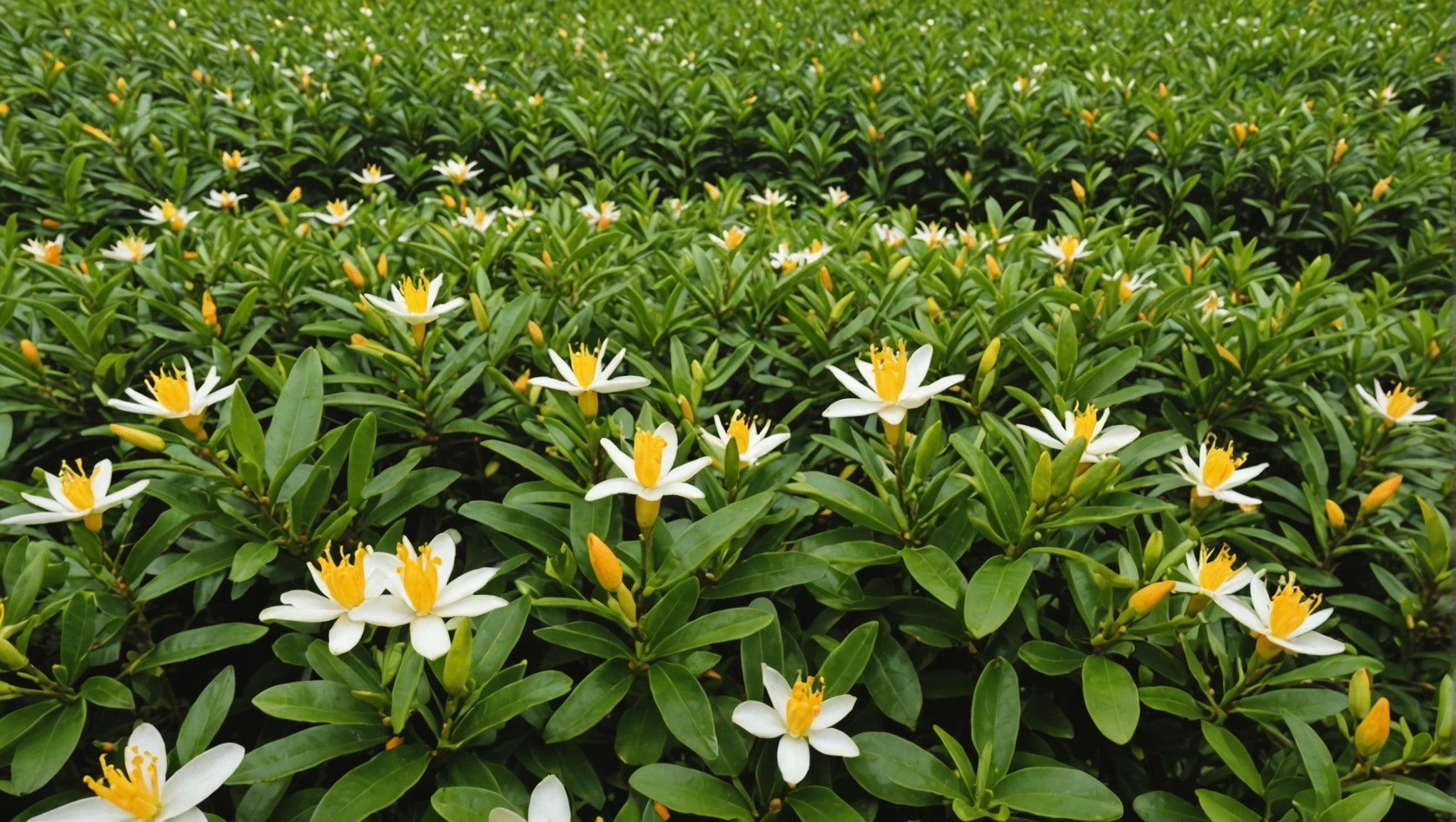White and yellow flowers with glossy green leaves forming a dense low hedge across a garden bed.