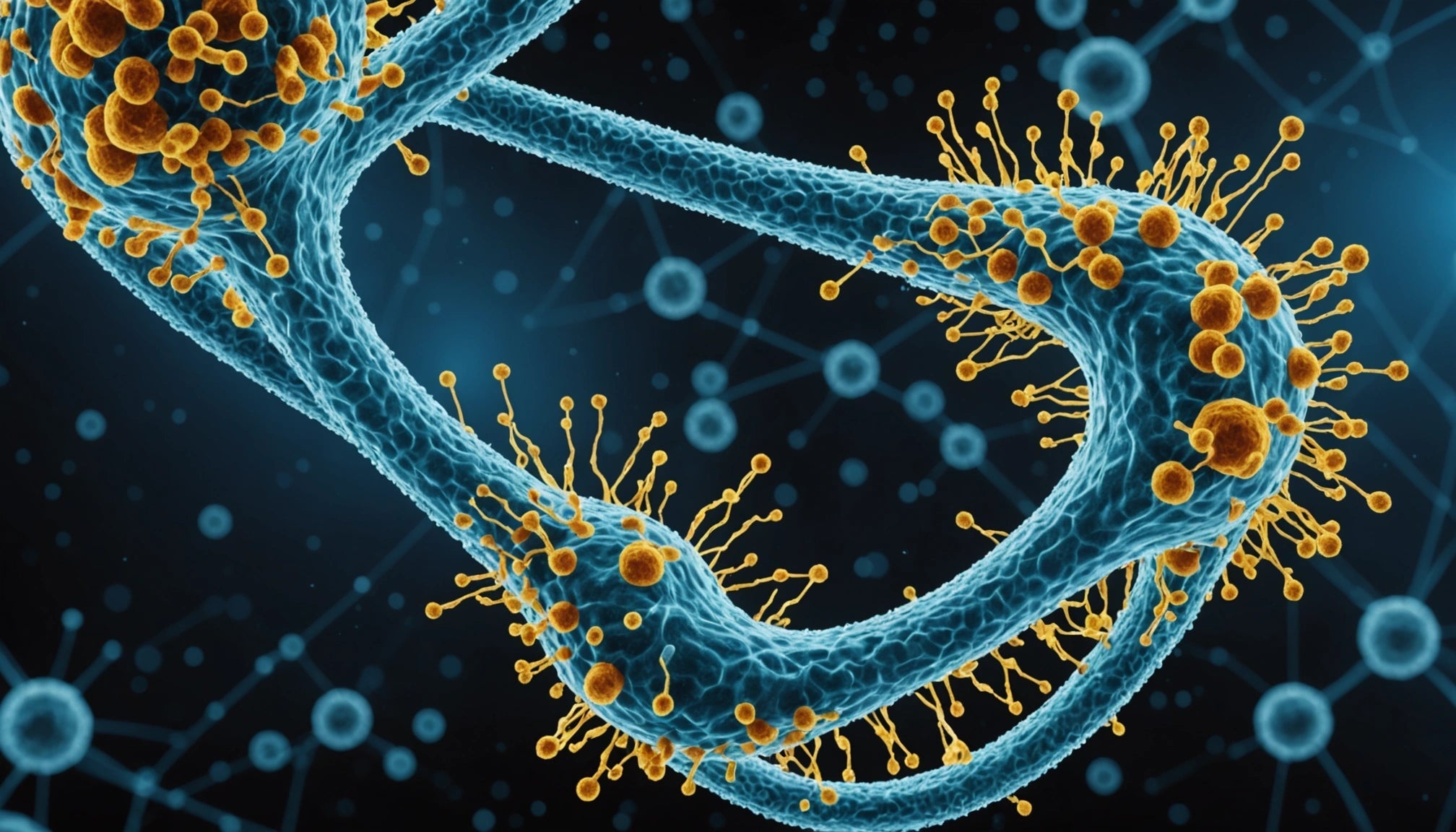 Blue neuronal synapse with yellow neurotransmitter vesicles along axon terminals against a dark molecular background.
