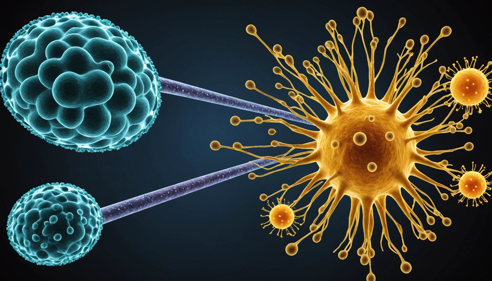 Blue spherical spores on stalks attached to a large yellow virus-like particle with radiating spike projections.