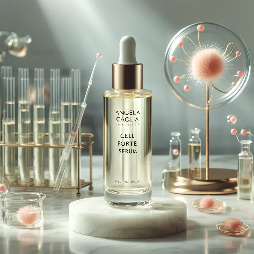 Glass dropper bottle labeled ANGELA CAGLIA, CELL FORTE SERUM on marble pedestal with test tubes and pink decorative spheres.