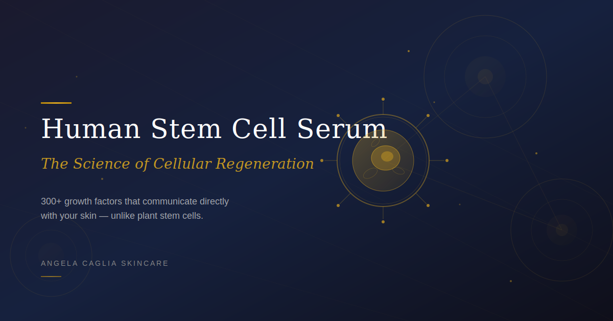 Dark navy banner with decorative cell diagram; headline 'Human Stem Cell Serum' and brand 'ANGELA CAGLIA SKINCARE'