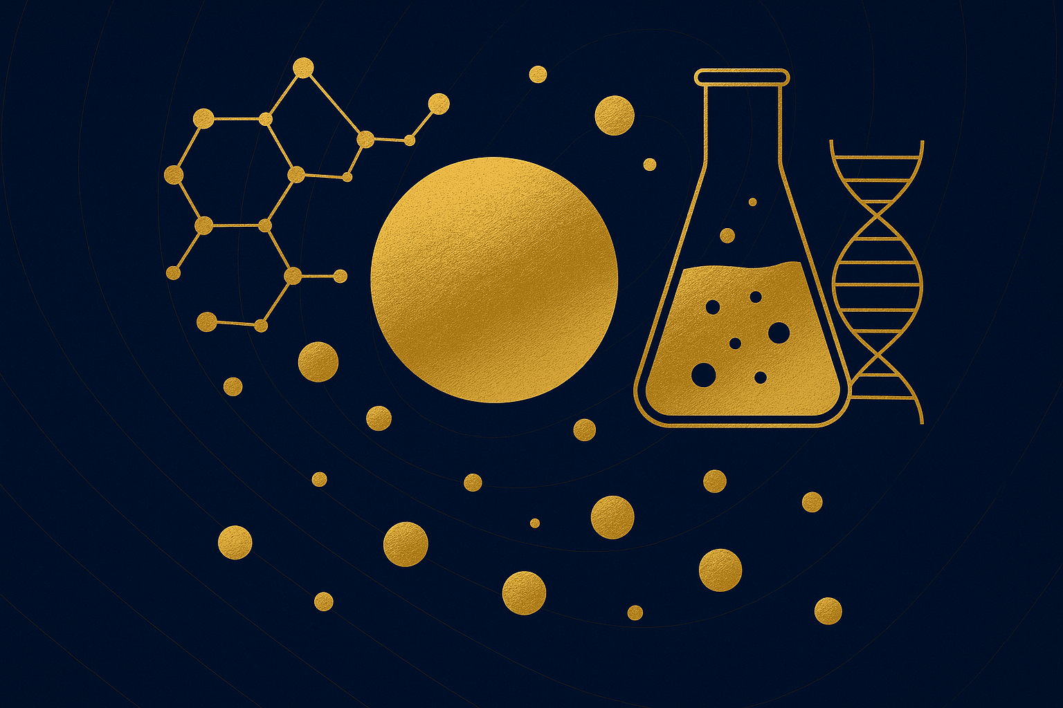 Gold line art: molecular hexagon, large gold circle, bubbling Erlenmeyer flask, and DNA helix with scattered gold dots on navy background.