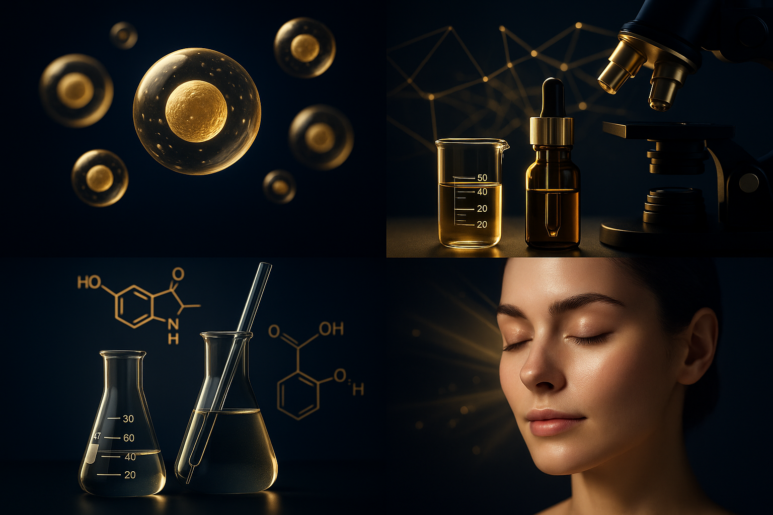 Golden cells, microscope, glassware with markings 50 40 20 30 60 47, chemical labels HO NH OH O, woman's glowing skin