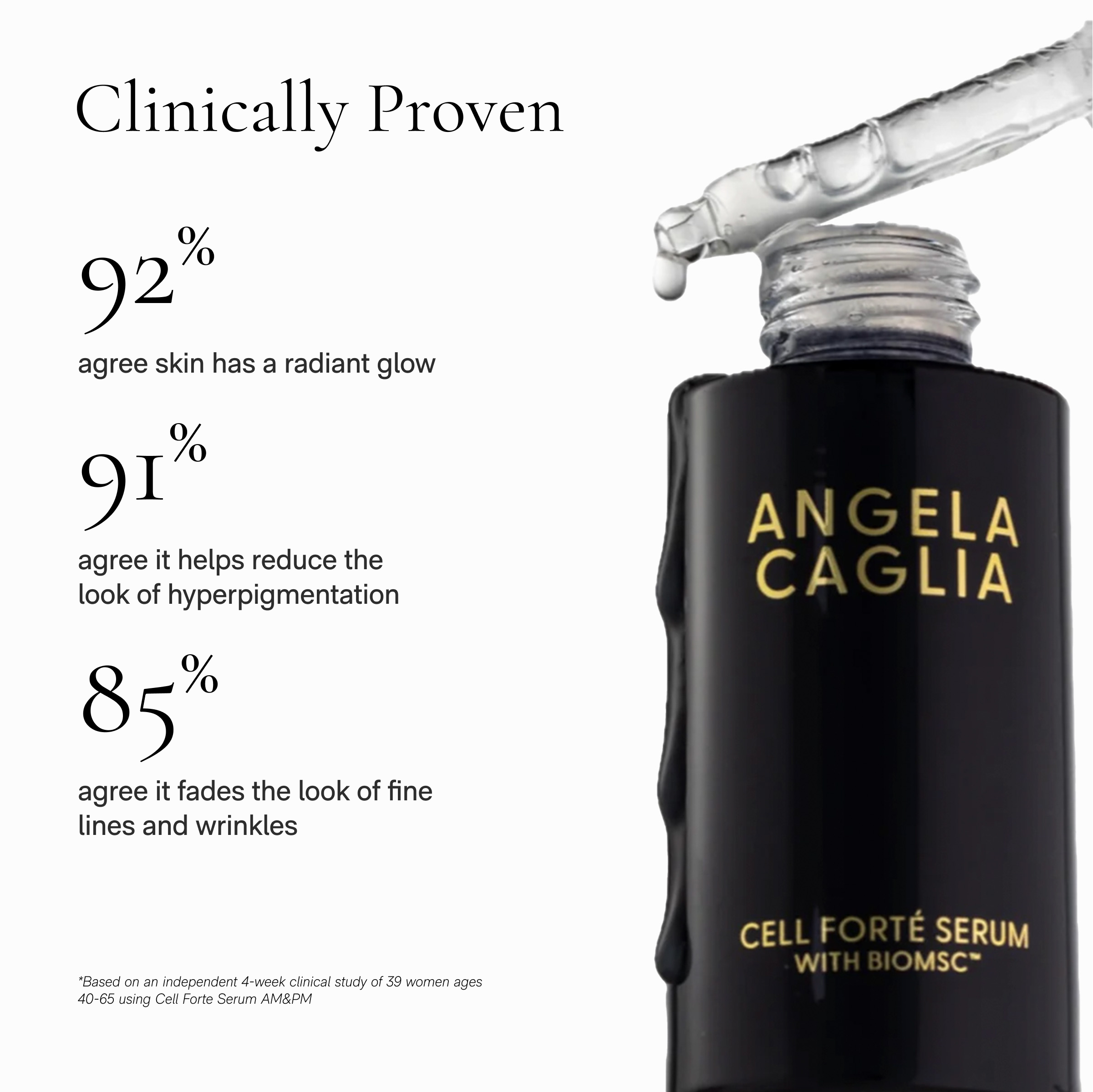 Infographic showing clinical results: 92% radiant glow, 91% reduced hyperpigmentation, 85% faded fine lines