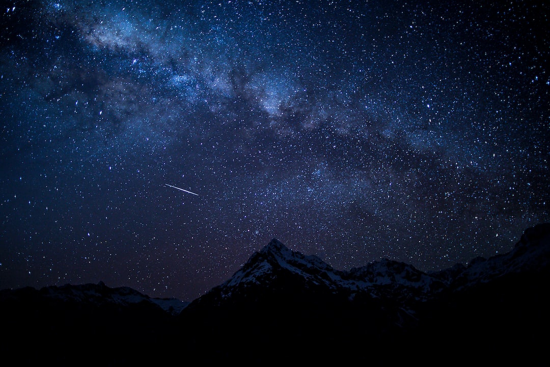 Night sky with the Milky Way arching over snow-capped mountain silhouettes and a bright shooting star.