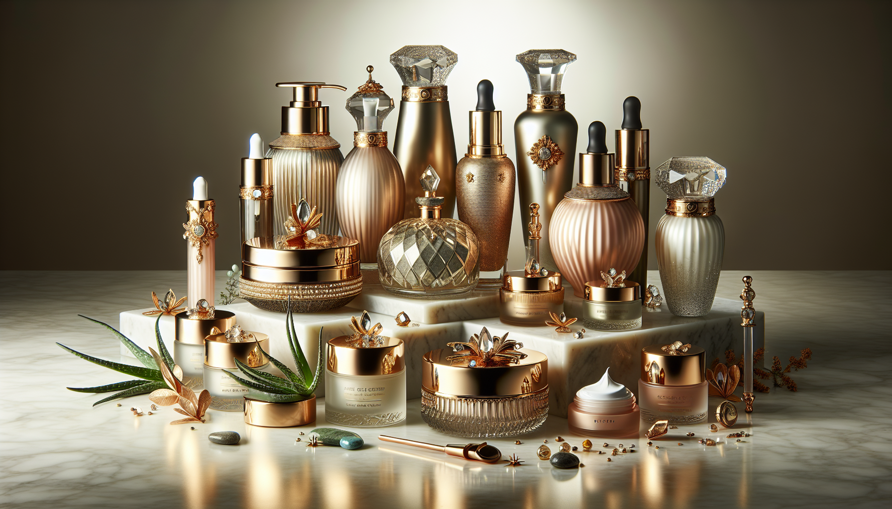 Assorted luxury skincare and perfume bottles and jars with gold accents arranged on marble risers