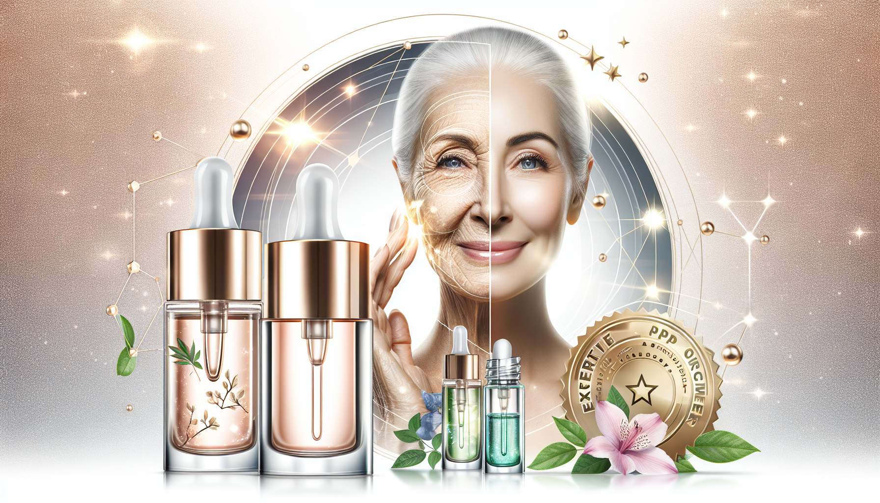 Split-face before/after of an older woman showing anti-aging effects, with serum dropper bottles, floral accents and a gold seal.
