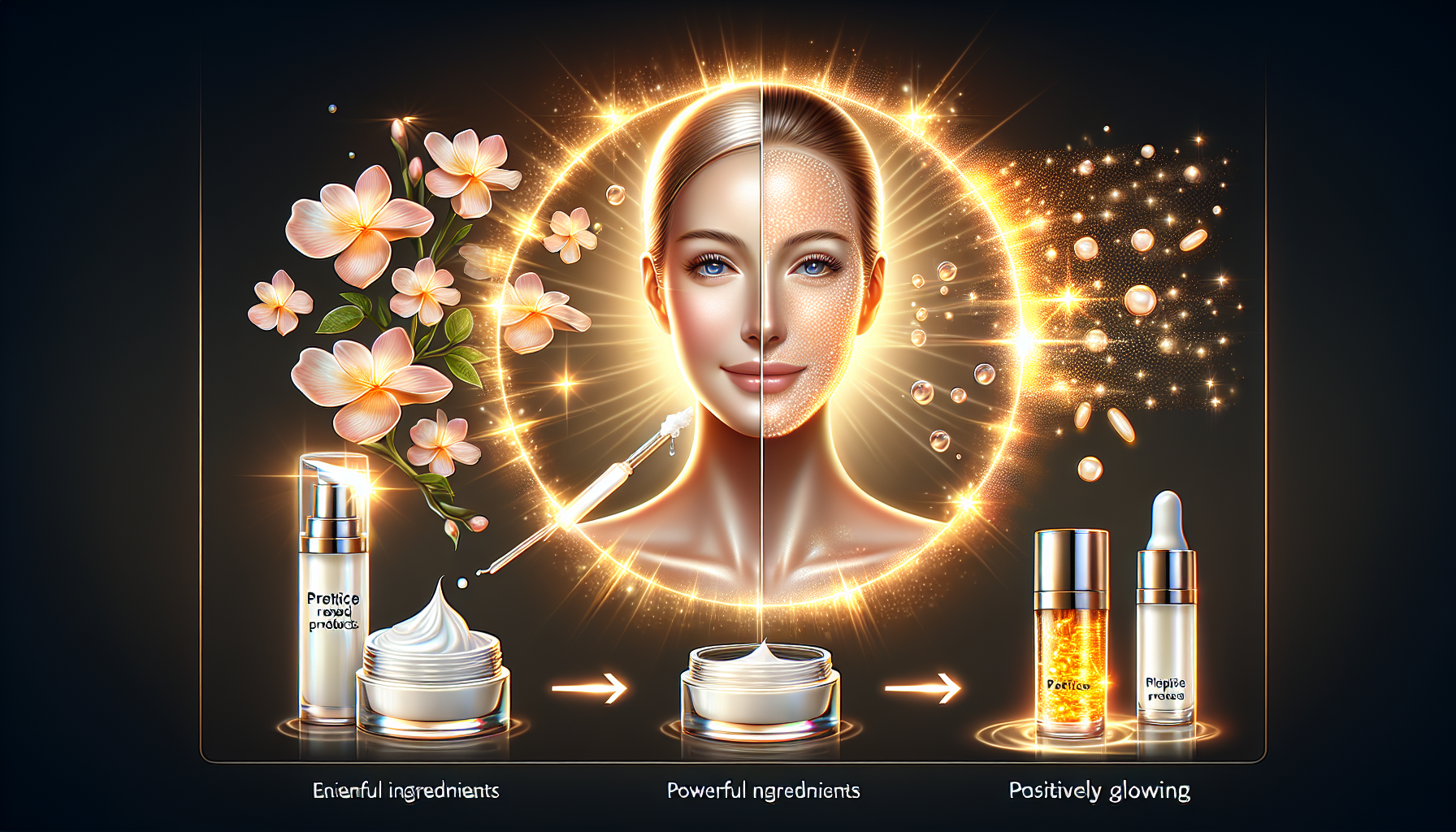 Skincare split-face: floral left, cream center, serums right — Enierful ingredients; Powerful ingredients; Positively glowing