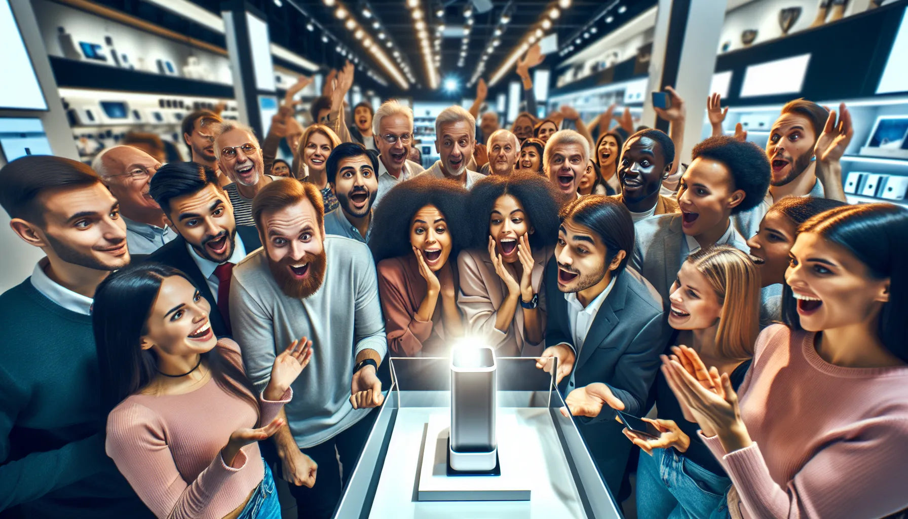 Diverse crowd in an electronics store cheering around a glowing new gadget showcased on a pedestal.