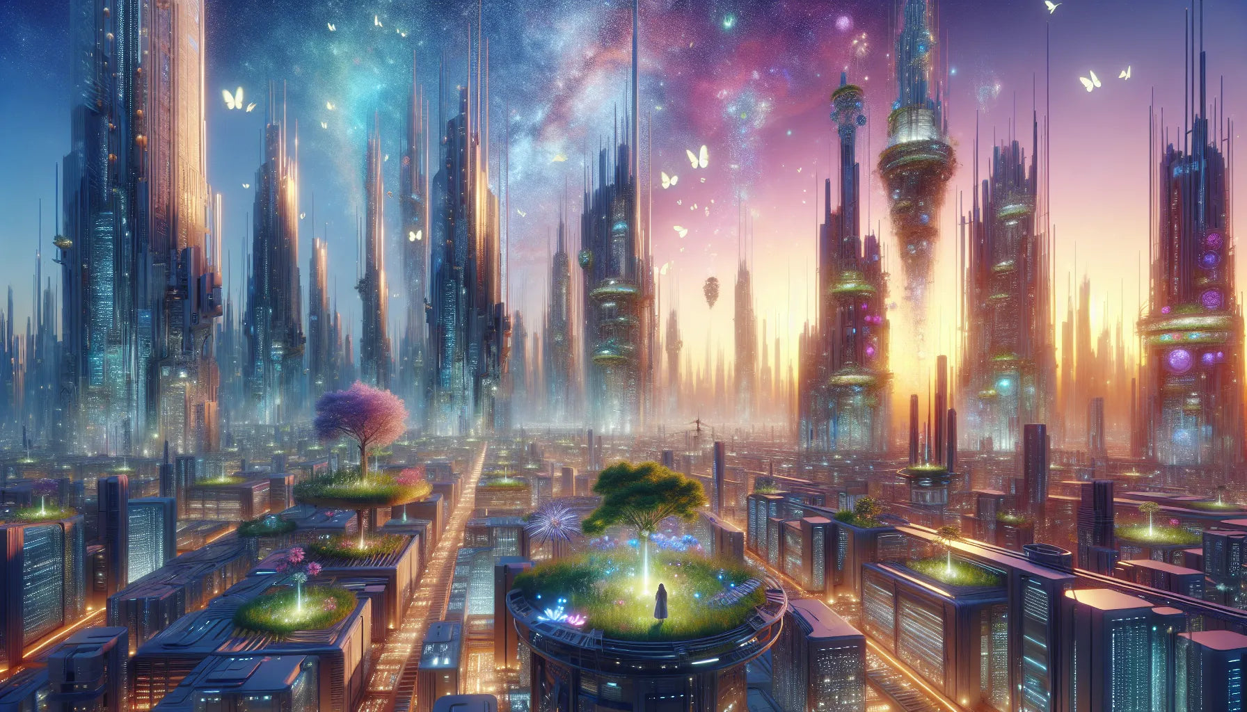 Futuristic cityscape at sunset with soaring spires, glowing towers, rooftop gardens and a lone figure on a circular terrace