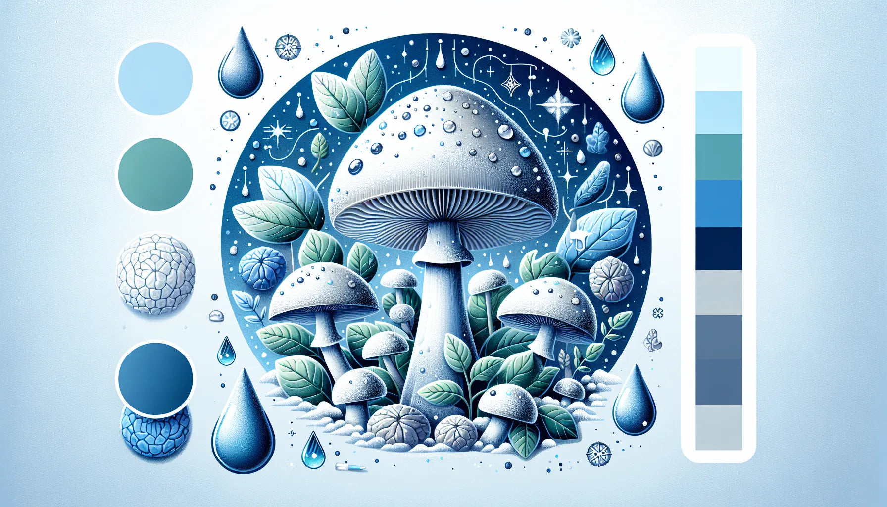 Blue-toned circular illustration of oversized mushrooms with dew drops, leafy plants, water droplets and side color swatches