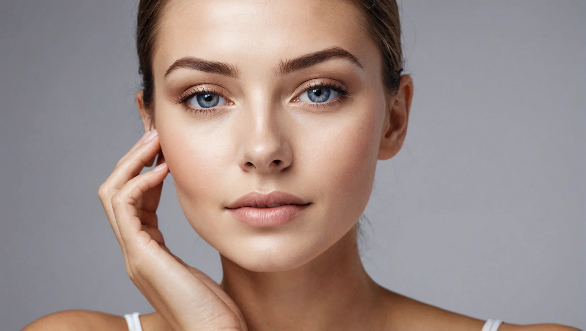 Young woman with natural makeup and blue eyes touching her cheek in a head-and-shoulders portrait on neutral gray background.