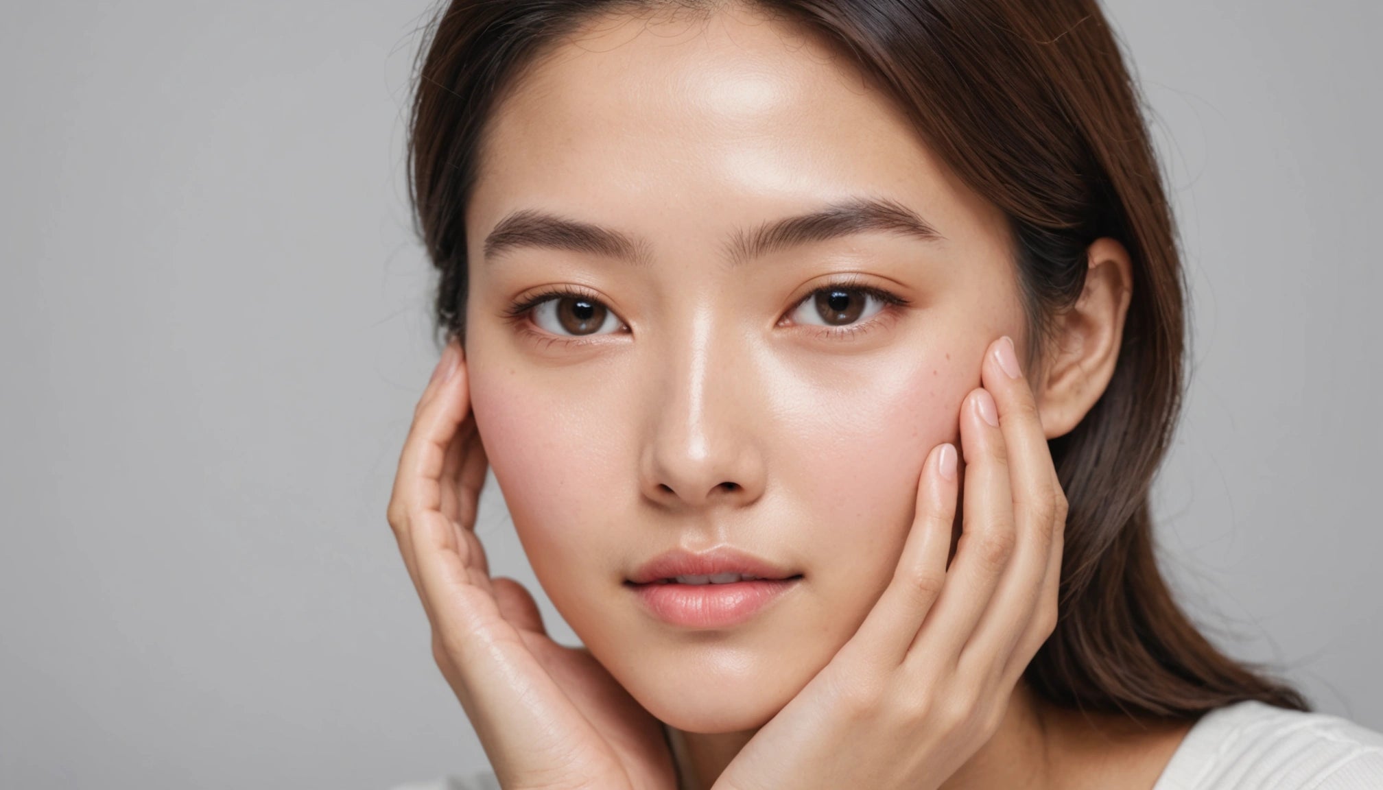 Close-up portrait of a young woman with clear skin, hands gently framing her face against a gray background