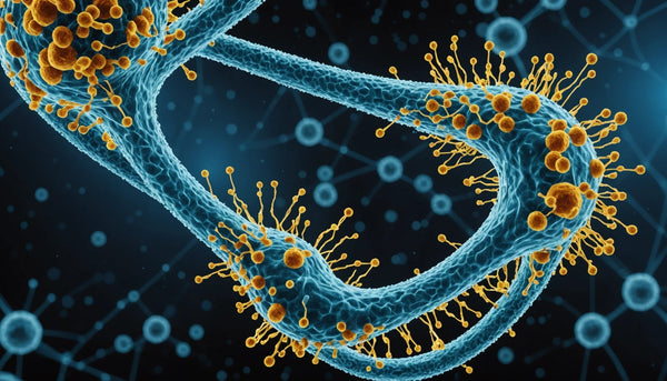 Blue neuronal synapse with yellow neurotransmitter vesicles along axon terminals against a dark molecular background.