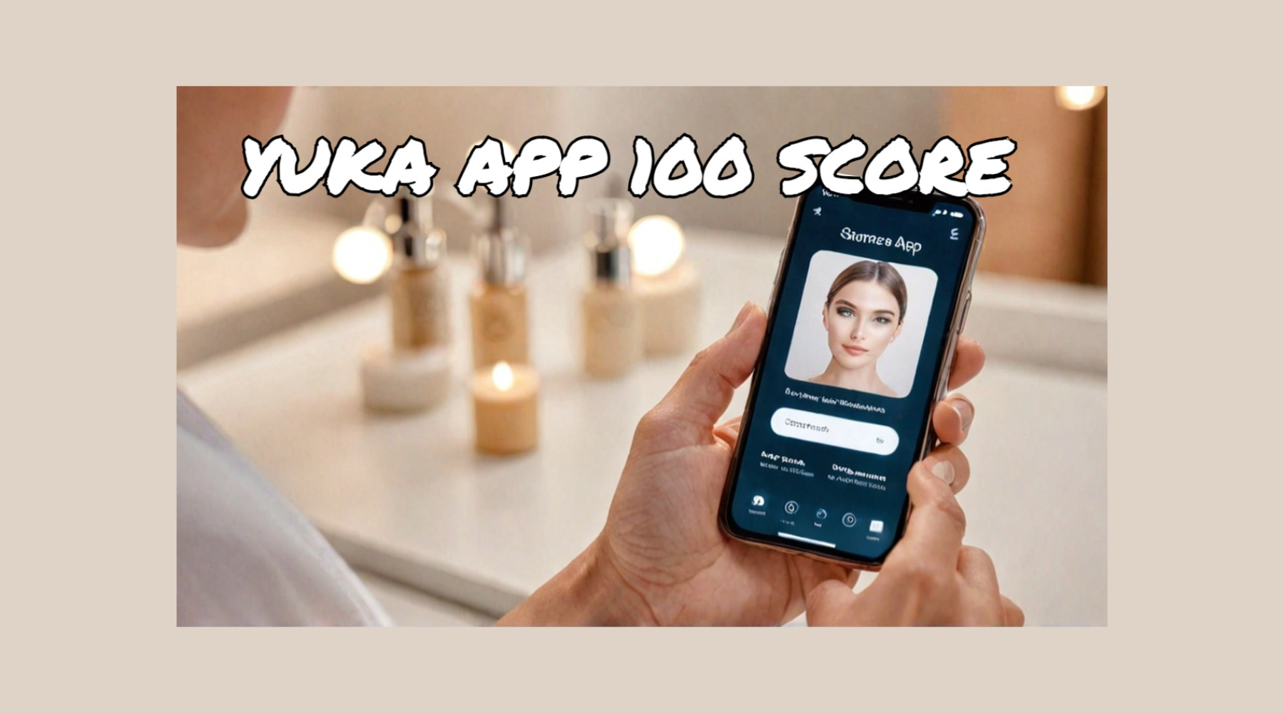 Hand holding smartphone showing a skincare app profile with a woman's portrait; overlay text 'YUKA APP 100 SCORE'
