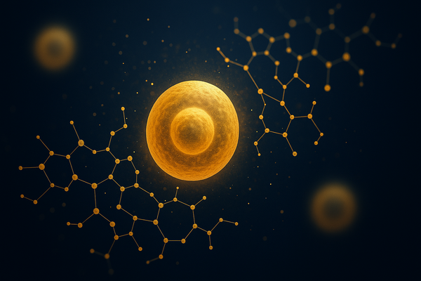 Golden spherical cell with concentric layers, surrounded by connected molecular structures on a dark background.