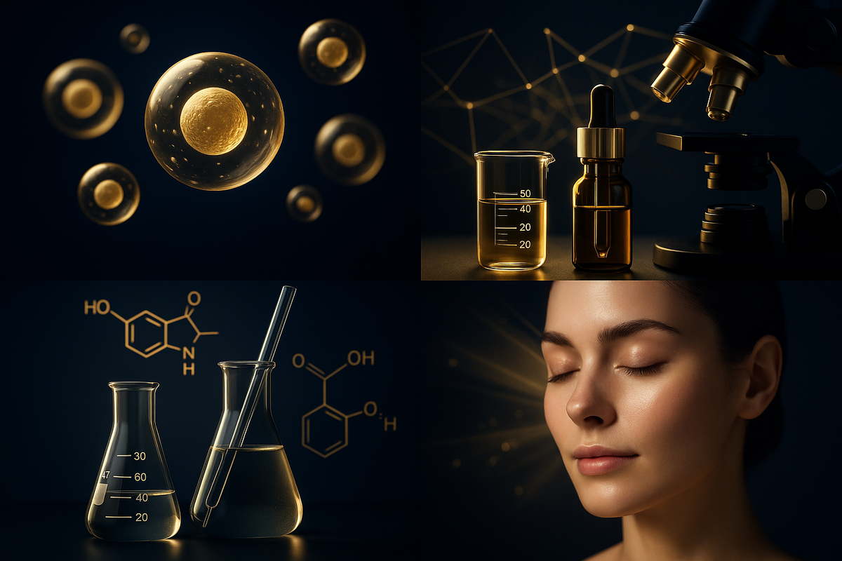 Collage of golden microscopic cells, laboratory glassware and a microscope alongside a woman with glowing skin, evoking scientific skincare research