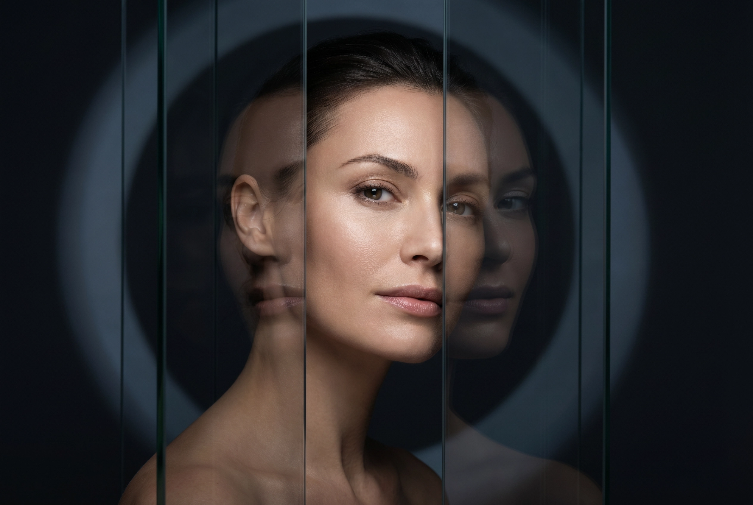 Multiple images of a brunette model's face