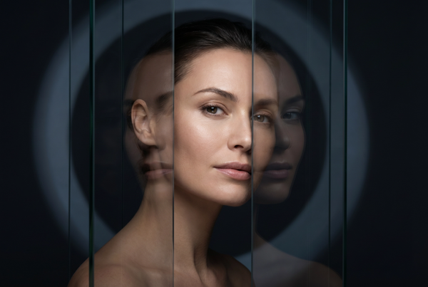 Multiple images of a brunette model's face