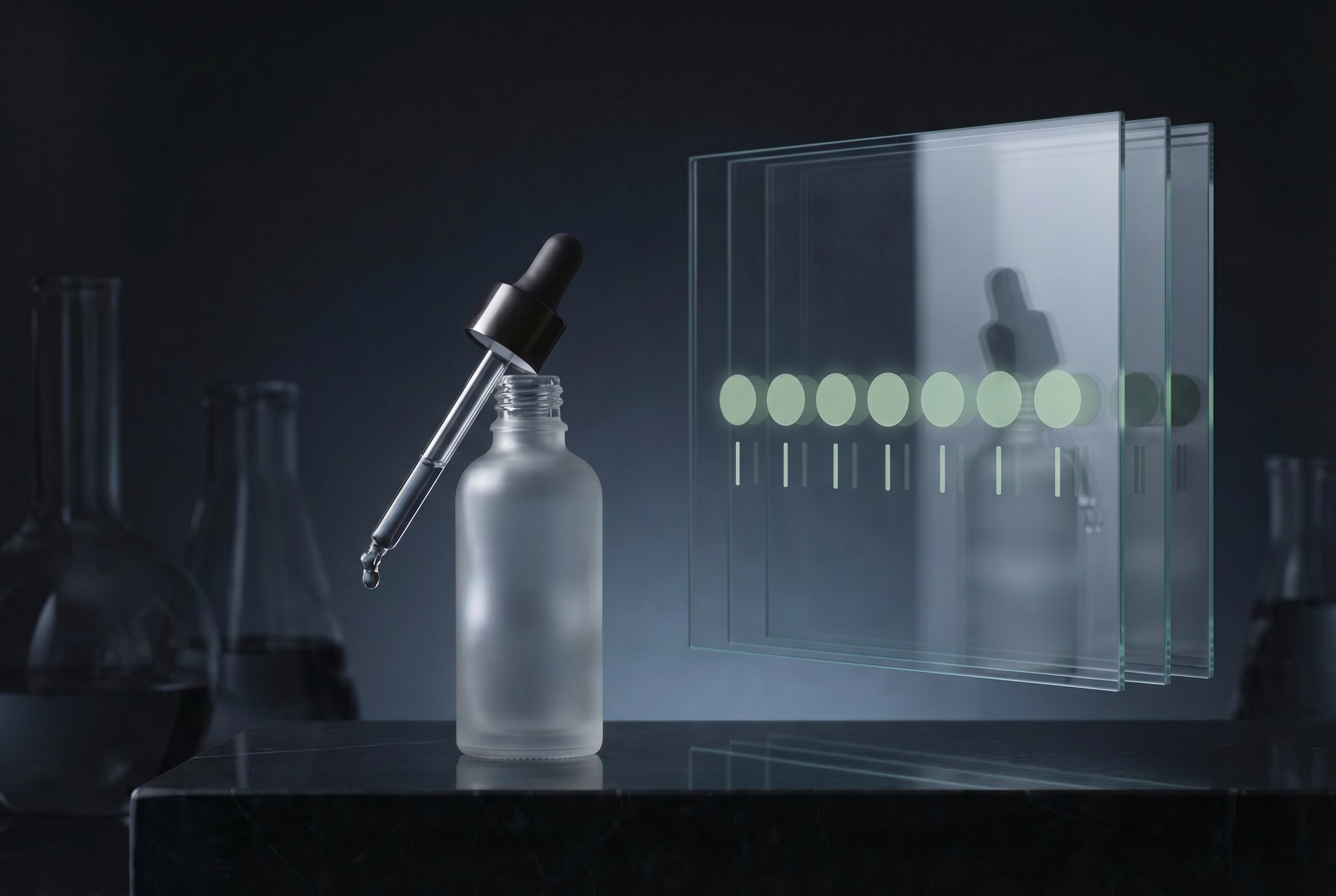 Science formulation screening frosted white bottle on blue