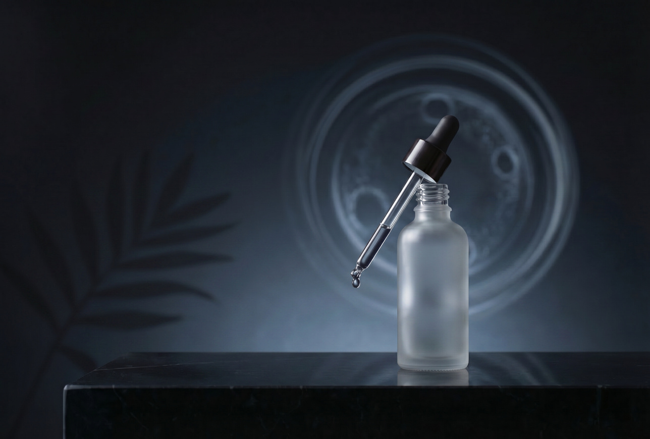 blue plant stem cell and white bottle with dropper leaning