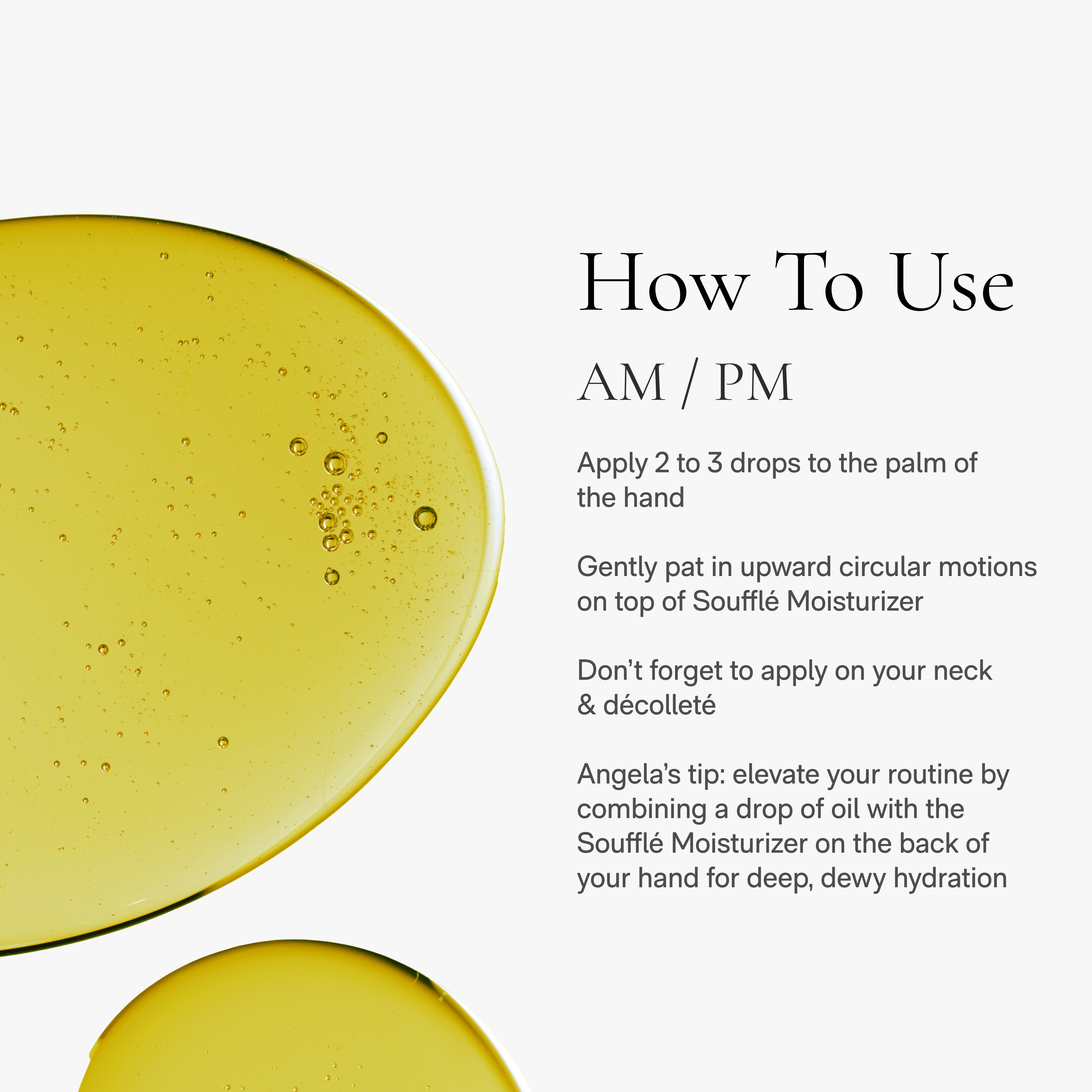 Two yellow oil droplets on pale background beside text 'How To Use AM / PM'.