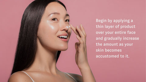Woman applying cream to cheek; text reads: "Begin by applying a thin layer of product over your entire face and gradually increase the amount as your skin becomes accustomed to it."