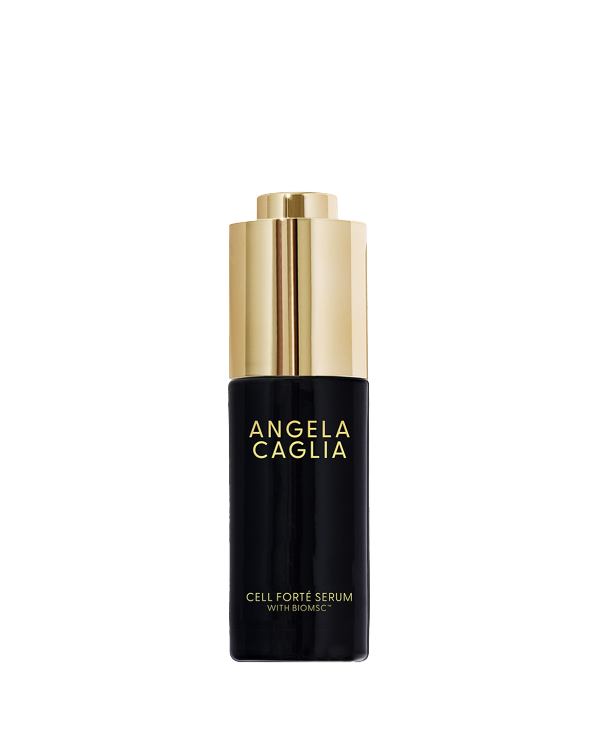 Front view of Cell Forté Serum bottle showing black bottle, gold pump cap, and Angela Caglia logo on white background