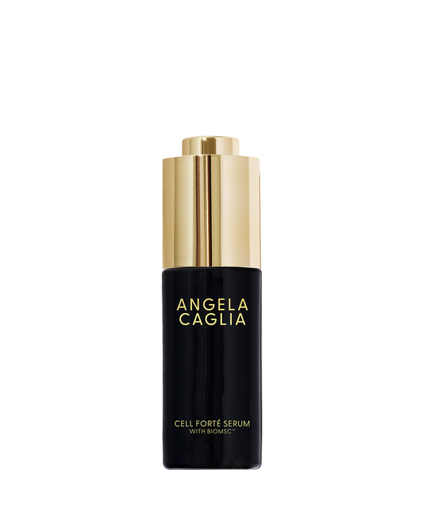 Front view of Cell Forté Serum bottle showing black bottle, gold pump cap, and Angela Caglia logo on white background