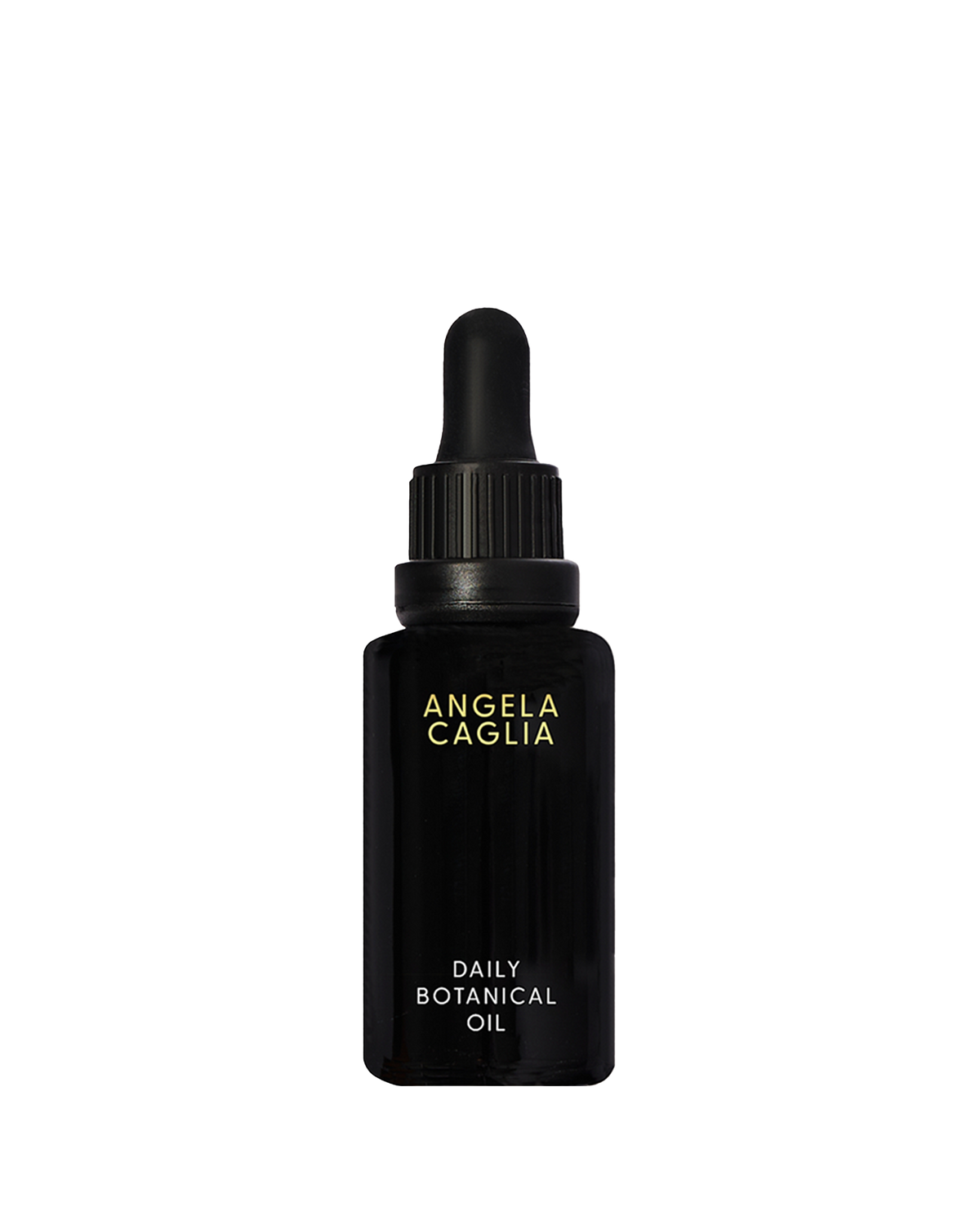 Front view of Daily Botanical Oil showing black glass dropper bottle with gold Angela Caglia logo on white background