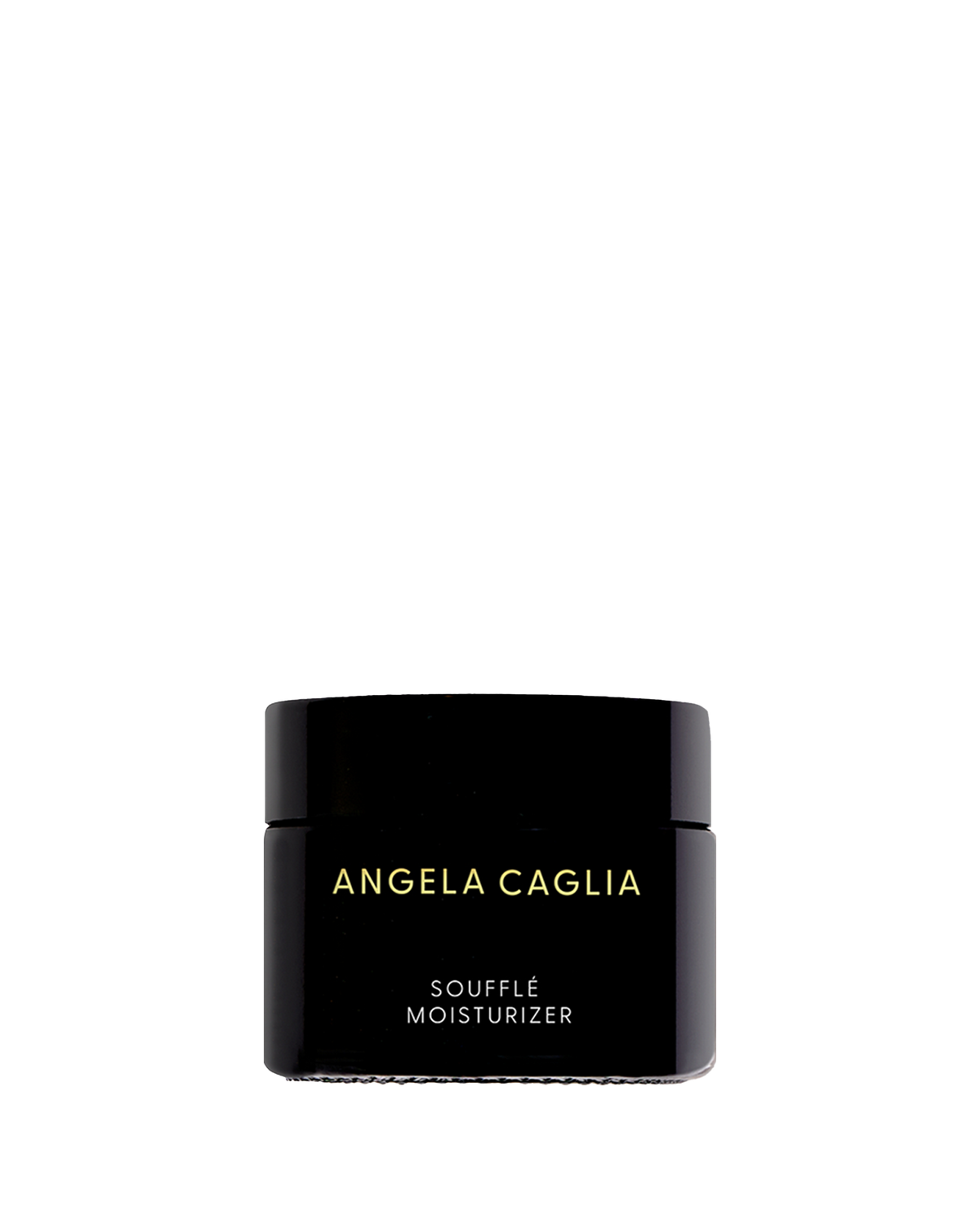 Front view of Soufflé Moisturizer jar showcasing black round jar with gold ANGELA CAGLIA branding and white SOUFFLÉ MOISTURIZER label on black background