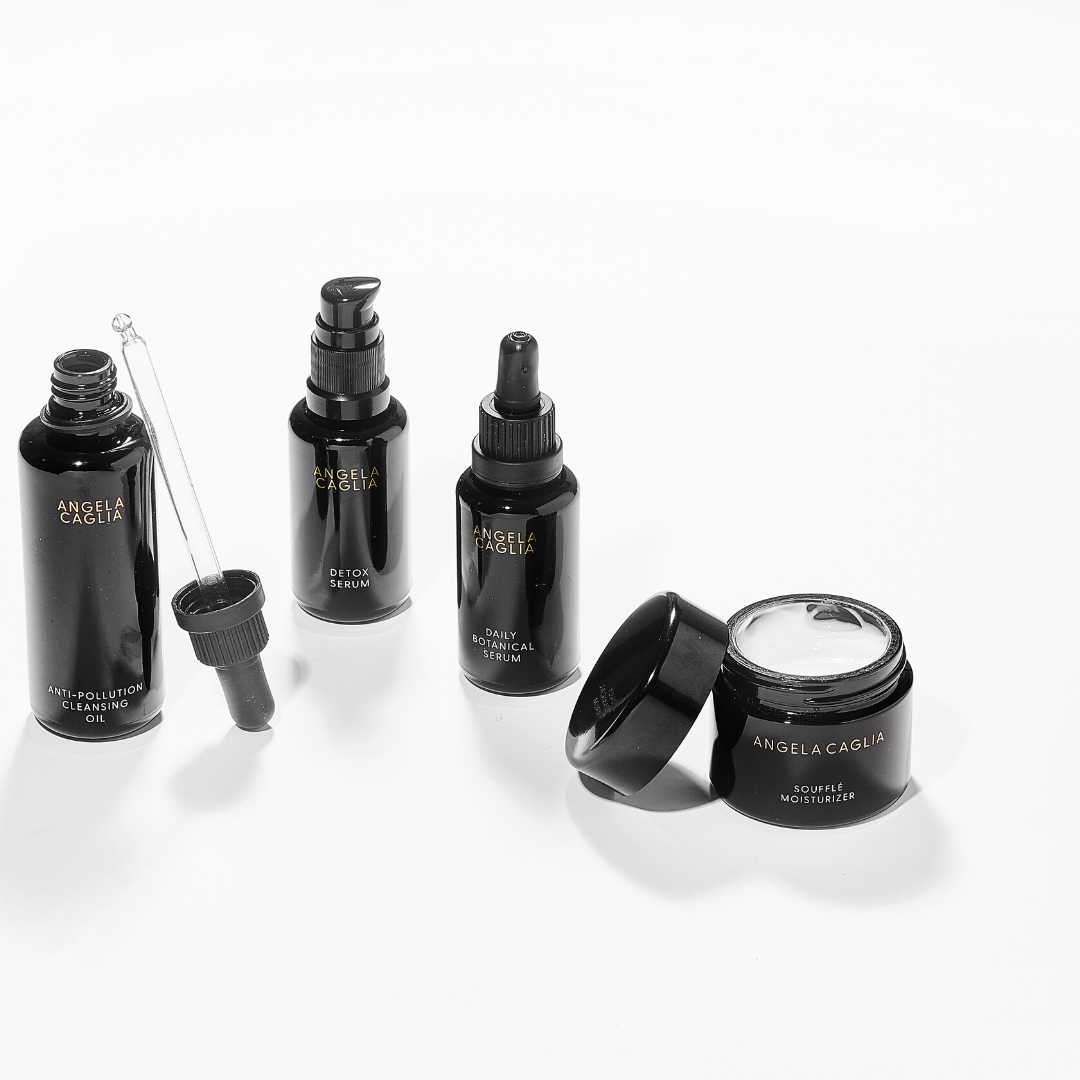 ANGELA CAGLIA: ANTI-POLLUTION CLEANSING OIL, DETOX SERUM, DAILY BOTANICAL SERUM, SOUFFLE MOISTURIZER on white background